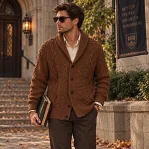 NWT Sz L Brown Cable Knit Shawl Collar Cardigan Sweater Dark Academia Grandpa